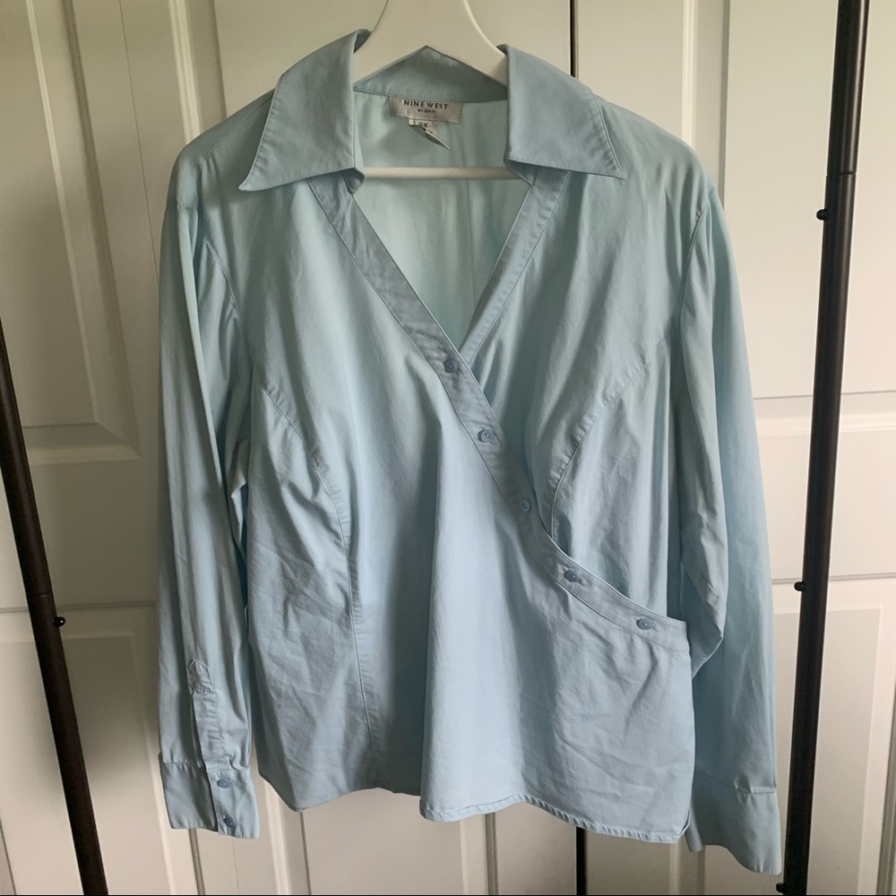 Nine West Woman Light Blue Asymmetric Button Down